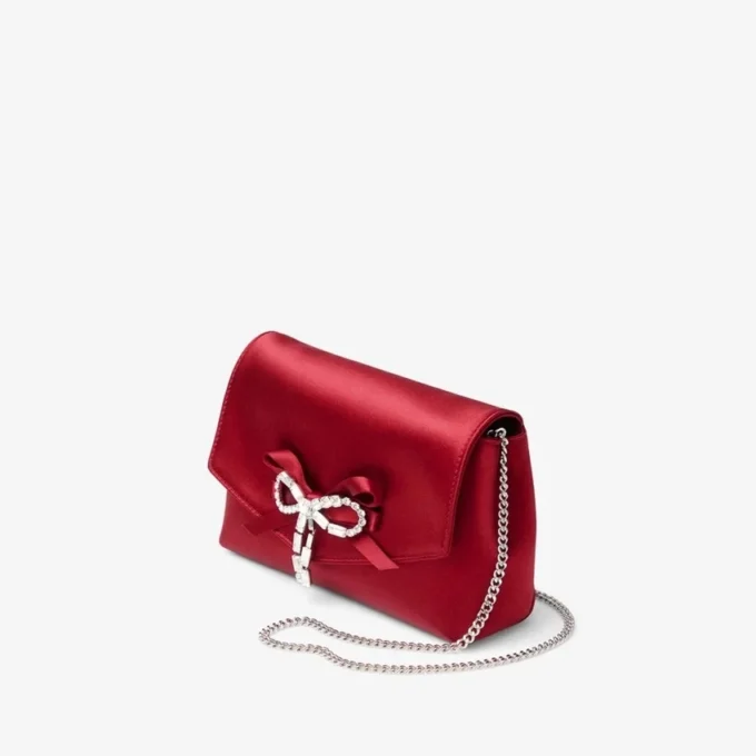 Mini borsa con fiocco morbido in raso rosso rubino con fiocco in cristallo Mini borsa con fiocco morbido in raso rosso rubino con fiocco in cristallo