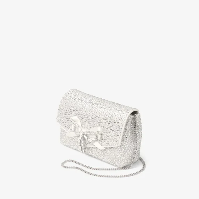 Mini borsa con fiocco morbido Mini borsa in raso avorio con fiocco in cristallo Mini borsa con fiocco morbido Mini borsa in raso avorio con fiocco in cristallo