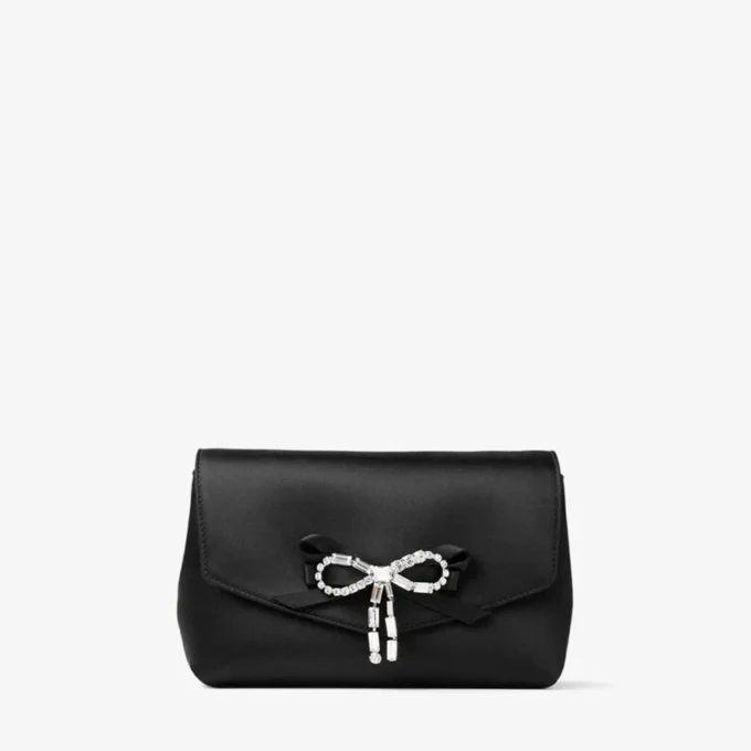 Mini borsa con fiocco morbido Mini borsa in raso nero con fiocco in cristallo Mini borsa con fiocco morbido Mini borsa in raso nero con fiocco in cristallo