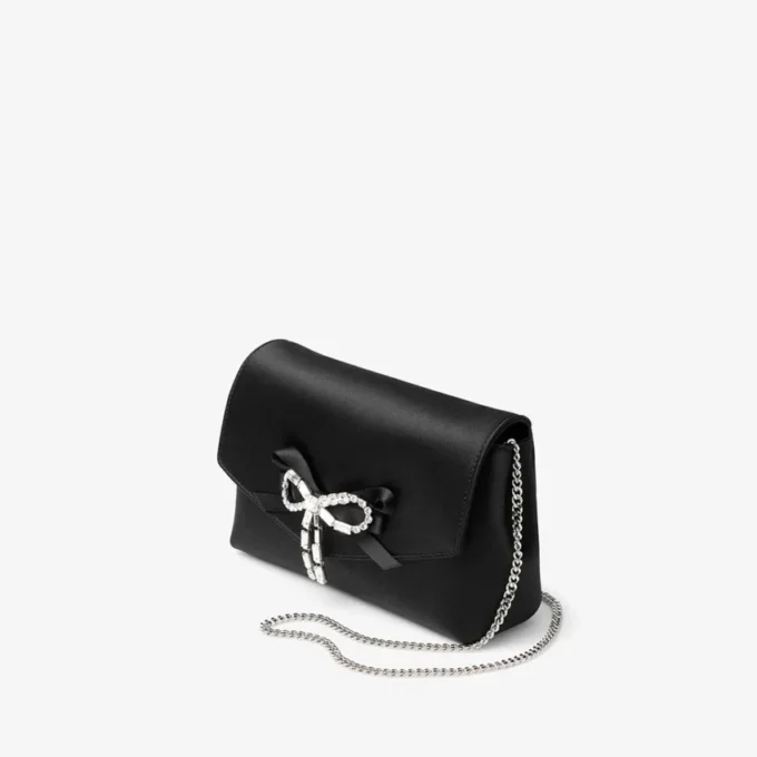 Mini borsa con fiocco morbido Mini borsa in raso nero con fiocco in cristallo Mini borsa con fiocco morbido Mini borsa in raso nero con fiocco in cristallo