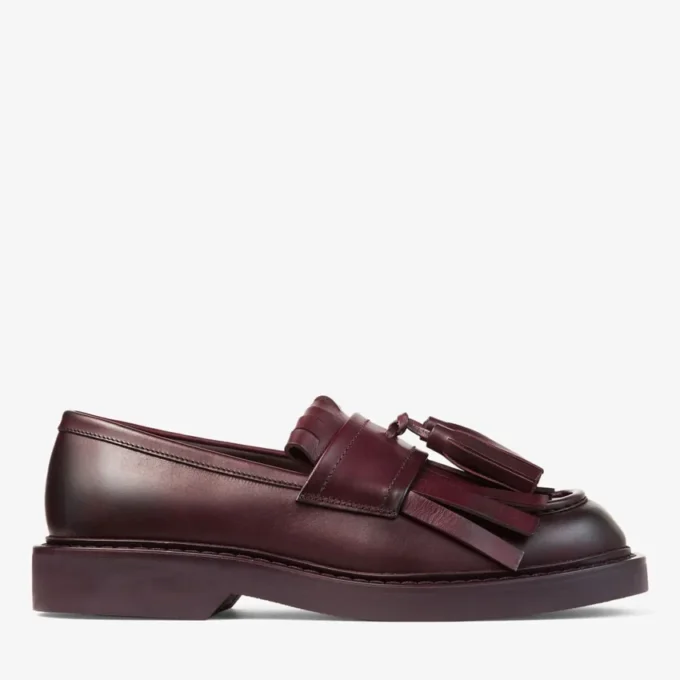 Mocassini Buff Fringe in pelle di vitello cerata color merlot intenso Mocassini Buff Fringe in pelle di vitello cerata color merlot intenso