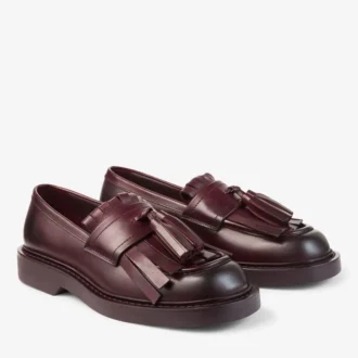 Mocassini Buff Fringe in pelle di vitello cerata color merlot intenso
