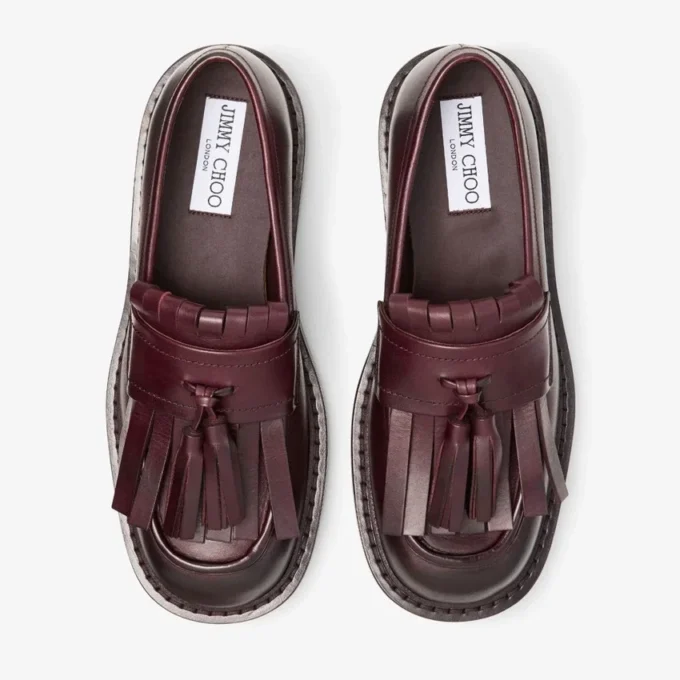Mocassini Buff Fringe in pelle di vitello cerata color merlot intenso Mocassini Buff Fringe in pelle di vitello cerata color merlot intenso
