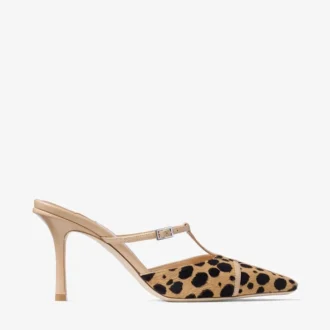 Mule Gloria 85 in pelle di cavallino con stampa leopardata naturale
