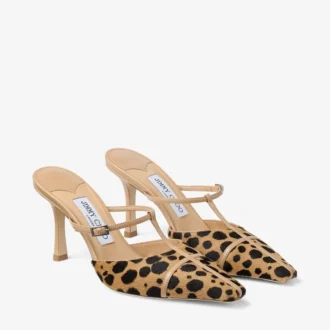Mule Gloria 85 in pelle di cavallino con stampa leopardata naturale