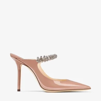 Mules Bing 100 in vernice rosa balletto con cinturino di cristalli