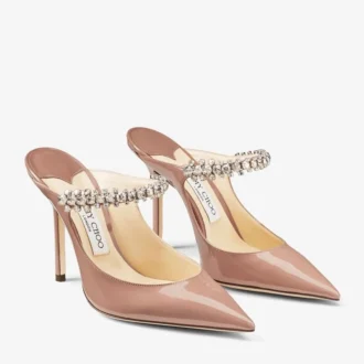 Mules Bing 100 in vernice rosa balletto con cinturino di cristalli