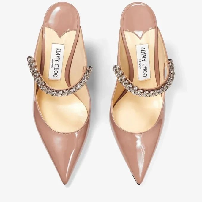 Mules Bing 100 in vernice rosa balletto con cinturino di cristalli