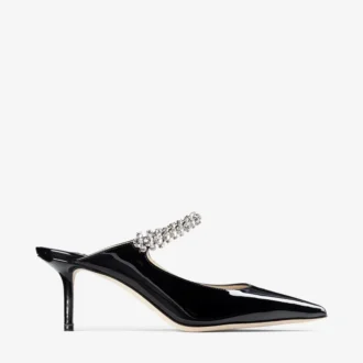 Mules Bing 65 in vernice nera con cinturino in cristallo