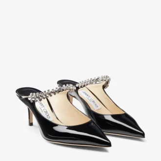 Mules Bing 65 in vernice nera con cinturino in cristallo
