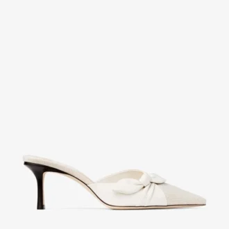 Mules Livi 65 in tela screziata color mandorla e latte e morbida pelle a guanto con fiocco in pelle nappa