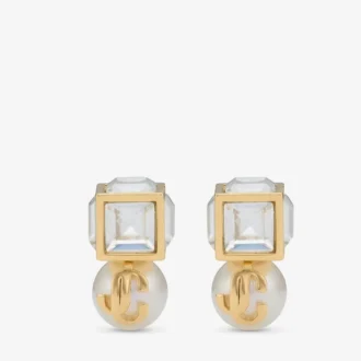 Orecchini a bottone Jc Pearl Cube in metallo dorato con perla e cubo di cristallo