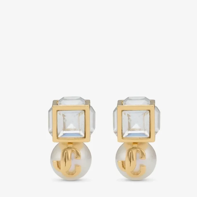 Orecchini a bottone Jc Pearl Cube in metallo dorato con perla e cubo di cristallo Orecchini a bottone Jc Pearl Cube in metallo dorato con perla e cubo di cristallo