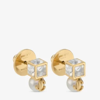 Orecchini a bottone Jc Pearl Cube in metallo dorato con perla e cubo di cristallo