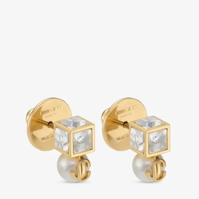 Orecchini a bottone Jc Pearl Cube in metallo dorato con perla e cubo di cristallo Orecchini a bottone Jc Pearl Cube in metallo dorato con perla e cubo di cristallo