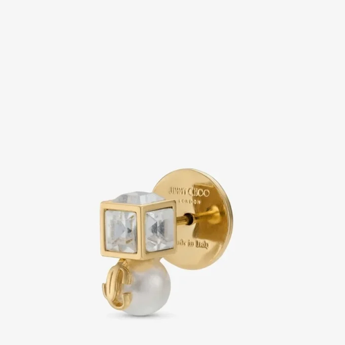 Orecchini a bottone Jc Pearl Cube in metallo dorato con perla e cubo di cristallo Orecchini a bottone Jc Pearl Cube in metallo dorato con perla e cubo di cristallo