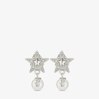 Orecchini Crystal Star Orecchini a forma di stella in metallo con finitura argento, perle in resina bianca e cristalli