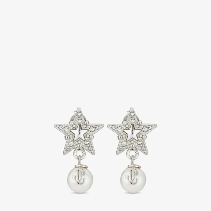 Orecchini Crystal Star Orecchini a forma di stella in metallo con finitura argento, perle in resina bianca e cristalli Orecchini Crystal Star Orecchini a forma di stella in metallo con finitura argento, perle in resina bianca e cristalli