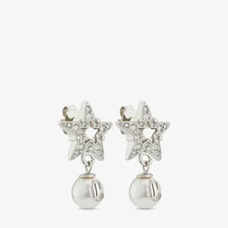 Orecchini Crystal Star Orecchini a forma di stella in metallo con finitura argento, perle in resina bianca e cristalli