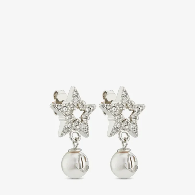 Orecchini Crystal Star Orecchini a forma di stella in metallo con finitura argento, perle in resina bianca e cristalli Orecchini Crystal Star Orecchini a forma di stella in metallo con finitura argento, perle in resina bianca e cristalli