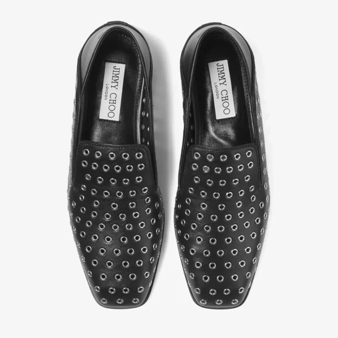 Pantofole Eliot in pelle nappa nera metallizzata con occhielli Pantofole Eliot in pelle nappa nera metallizzata con occhielli