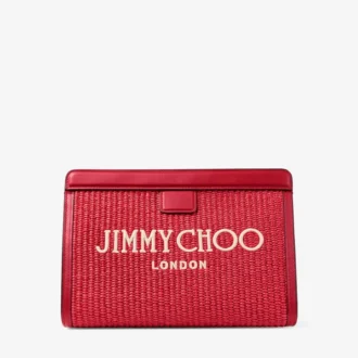 Pochette Avenue London in rafia ricamata rosso rubino e oro chiaro e pelle