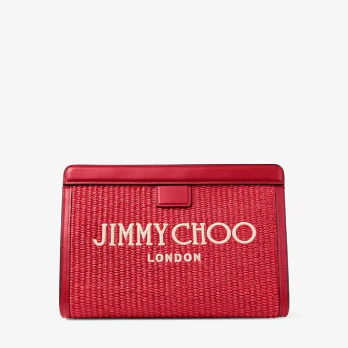 Pochette Avenue London in rafia ricamata rosso rubino e oro chiaro e pelle Pochette Avenue London in rafia ricamata rosso rubino e oro chiaro e pelle