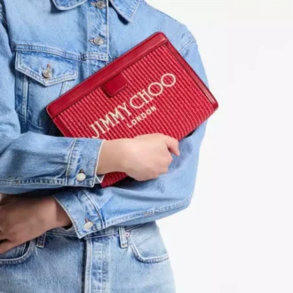 Pochette Avenue London in rafia ricamata rosso rubino e oro chiaro e pelle