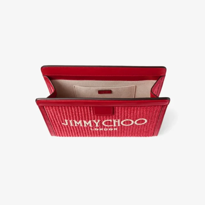 Pochette Avenue London in rafia ricamata rosso rubino e oro chiaro e pelle Pochette Avenue London in rafia ricamata rosso rubino e oro chiaro e pelle