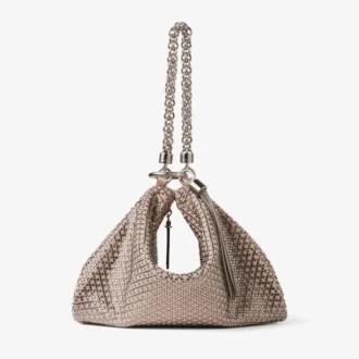 Pochette Callie in camoscio rosa ballet con motivo a rombi e cristalli hotfix