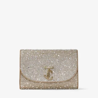 Pochette Curve in pelle scamosciata dorata lucida con cristalli Hotfix