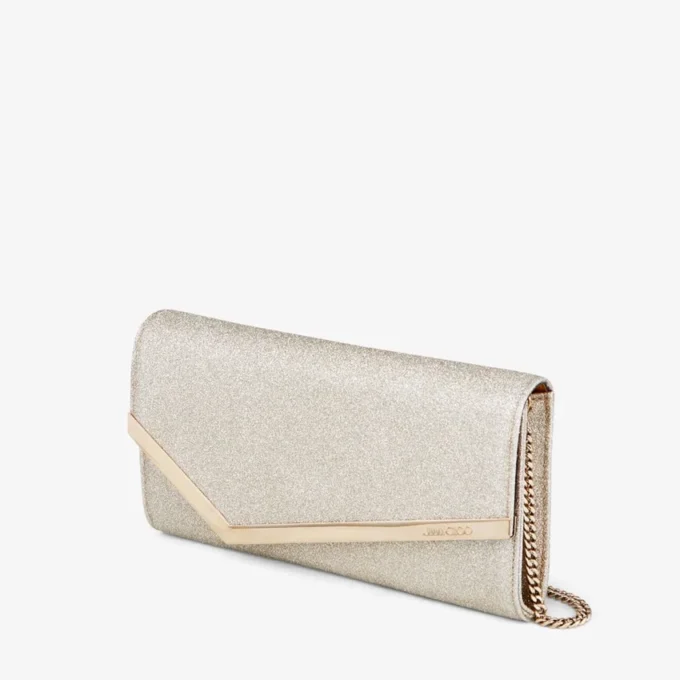 Pochette Emmie in platino con glitter polverosi