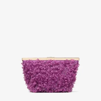 Pochette in raso Ganache Violet Orchid con ricamo a petali