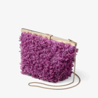 Pochette in raso Ganache Violet Orchid con ricamo a petali