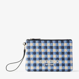 Pochette piatta con cerniera in rafia a quadretti blu navy ed ecru