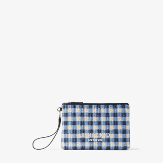 Pochette piatta con cerniera in rafia a quadretti blu navy ed ecru