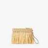 Pochette piatta con cerniera Pochette con cerniera in rafia intrecciata color naturale e oro chiaro con frange