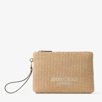 Pochette piatta con cerniera Pochette con cerniera in rafia naturale e color latte