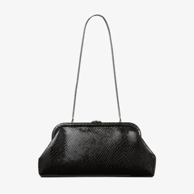 Pochette Skylar in pelle nera lucida con stampa serpente e chiusura quadrata JC Pochette Skylar in pelle nera lucida con stampa serpente e chiusura quadrata JC