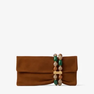 Pochette Zandra in pelle scamosciata color cuoio con bracciale in perline