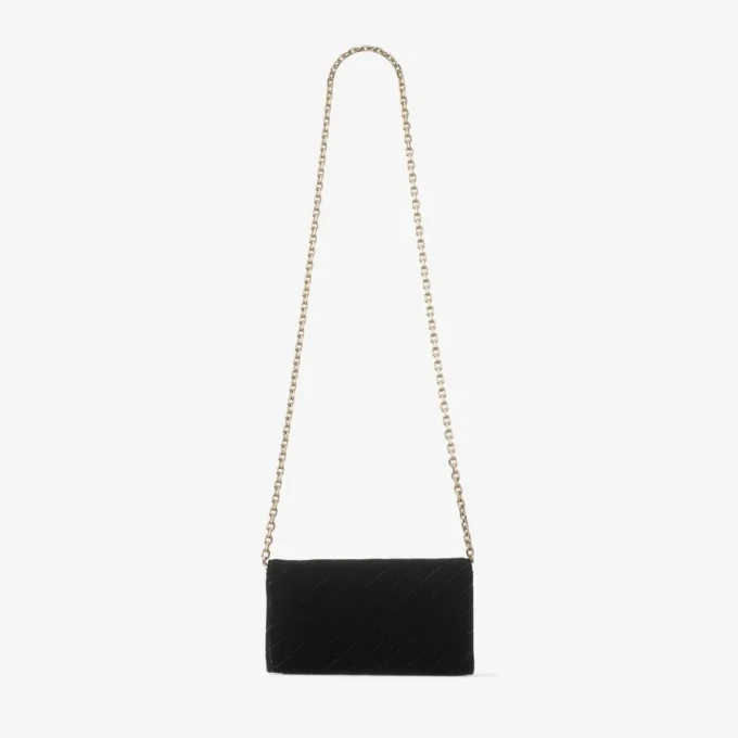 Portafoglio Curve con catena Mini borsa in velluto trapuntato nero con barra JC in cristallo Portafoglio Curve con catena Mini borsa in velluto trapuntato nero con barra JC in cristallo