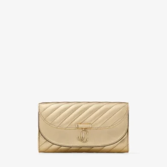 Portafoglio Curve con catena Pochette in pelle metallizzata trapuntata oro lucido
