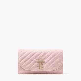 Portafoglio Curve con catena Portafoglio in pizzo jimmy choo trapuntato rosa con catena e barra JC in cristallo
