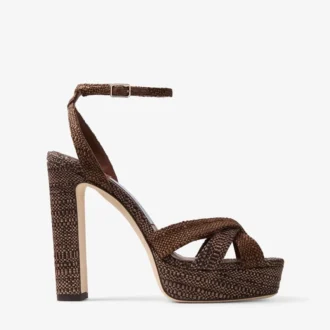 Sandali con plateau Kove 120 in raffia pregiata color cioccolato e marrone chiaro