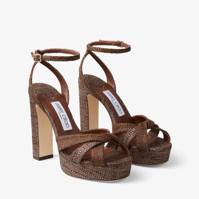 Sandali con plateau Kove 120 in raffia pregiata color cioccolato e marrone chiaro