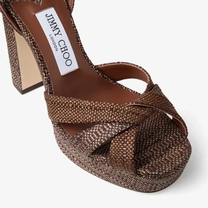 Sandali con plateau Kove 120 in raffia pregiata color cioccolato e marrone chiaro