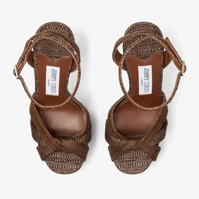 Sandali con plateau Kove 120 in raffia pregiata color cioccolato e marrone chiaro