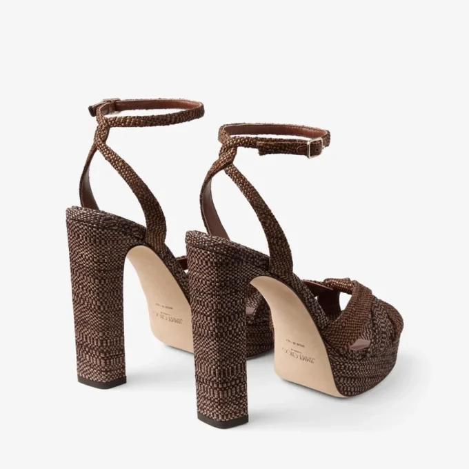 Sandali con plateau Kove 120 in raffia pregiata color cioccolato e marrone chiaro