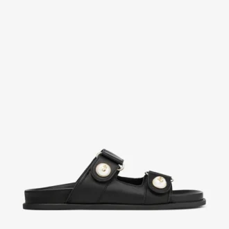 Sandali Fayence Sandali piatti in pelle nera con decorazioni in perle