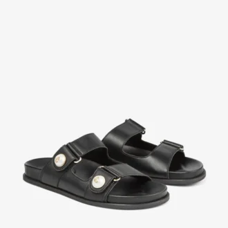 Sandali Fayence Sandali piatti in pelle nera con decorazioni in perle